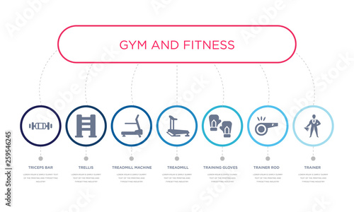 simple illustration set of 7 vector blue icons such as trainer, trainer rod, training gloves, _icon4, treadmill machine, trellis, triceps bar. infographic design with 7 icons pack