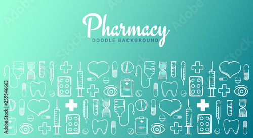 Pharmacy and Medical banner with doodle background. Pills, Vitamin tablets, medical drug. Vector Illustration.