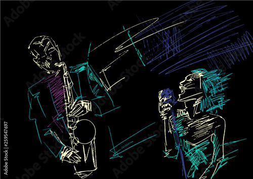 Saxophonist and singer. Grattage technique. Silhouette of saxophone player and songstress. Jazz illustration. Colorful drawing on black background. Vector sketch.