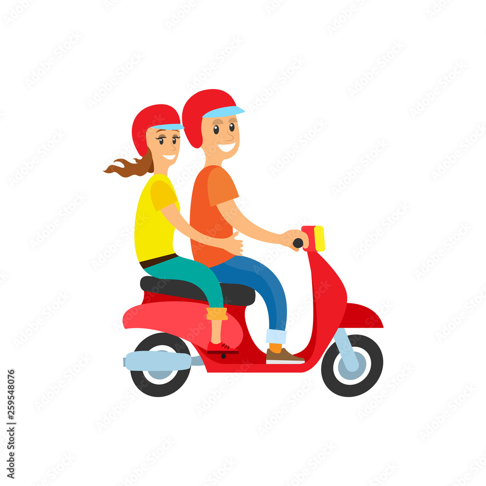 Man and woman smiling riding scooter vector, couple in love traveling and exploring world. Summer adventures, transportation, driver wearing helmet Man and woman smiling riding scooter vector, couple in love traveling and exploring world. Summer adventures, transportation, driver wearing helmet