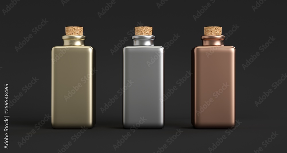 Three square metallic jars with a cork stopper. Black background Three square metallic jars with a cork stopper. Black background