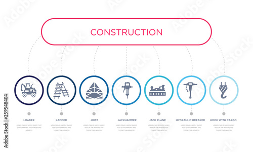 simple illustration set of 7 vector blue icons such as hook with cargo, hydraulic breaker, jack plane, _icon4, joist, ladder, loader. infographic design with 7 icons pack
