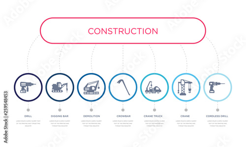 simple illustration set of 7 vector blue icons such as cordless drill, crane, crane truck, _icon4, demolition, digging bar, drill. infographic design with 7 icons pack