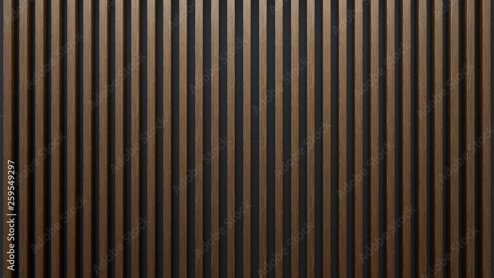 Elegant background of wooden slats over dark wall. Mahogany sheets. Stock  Photo