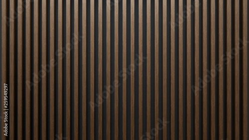Elegant background of wooden slats over dark wall. Mahogany sheets. photo