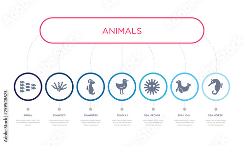 simple illustration set of 7 vector blue icons such as sea horse, sea lion, sea urchin, _icon4, seahorse, seaweed, shoal. infographic design with 7 icons pack