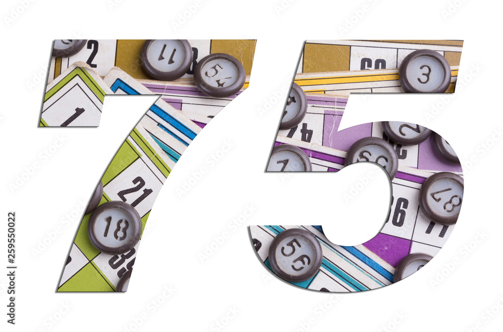 Number 75 with Lotto cards and game chips on white background Number 75 with Lotto cards and game chips on white background