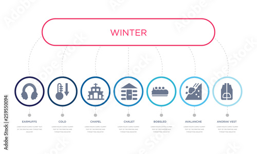 simple illustration set of 7 vector blue icons such as anorak vest, avalanche, bobsled, _icon4, chapel, cold, earmuffs. infographic design with 7 icons pack