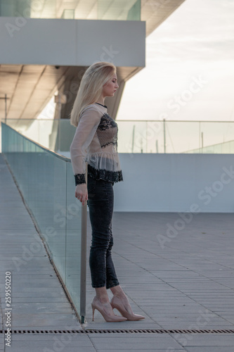 Concentrated woman with high heels