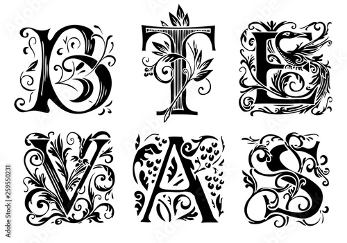 Vector set of six decorative hand drawn initial letters. English letters in vintage style. Fancy letters with curls. Black and white illustration.