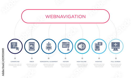 simple illustration set of 7 vector blue icons such as full screen, hashtag, high volume, _icon4, horizontal alignment, inbox, lowercase. infographic design with 7 icons pack