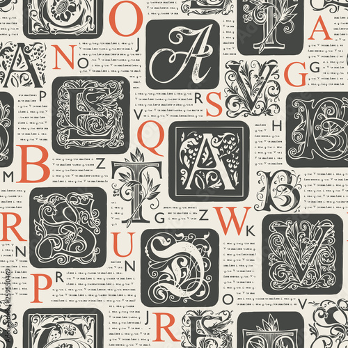 Vector seamless pattern with hand drawn alphabet letters on the background of old book pages. Old book with unreadable black text and red initial and capital letters, repeating vector background.