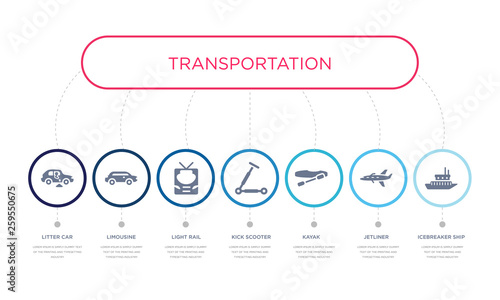 simple illustration set of 7 vector blue icons such as icebreaker ship, jetliner, kayak, _icon4, light rail, limousine, litter car. infographic design with 7 icons pack