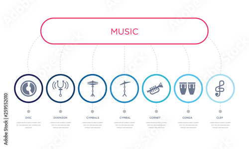 simple illustration set of 7 vector blue icons such as clef, conga, cornet, _icon4, cymbals, diapason, disc. infographic design with 7 icons pack