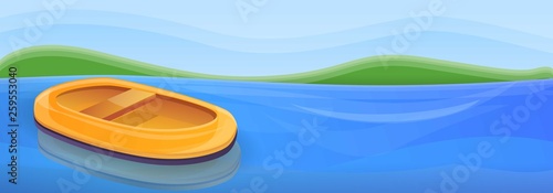 Inflatable boat on river concept banner. Cartoon illustration of inflatable boat on river vector concept banner for web design