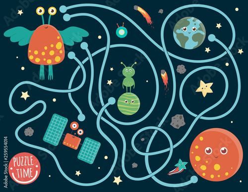 Maze for children. Preschool space activity. Puzzle game with alien, the Earth, planet, star. Cute funny smiling characters