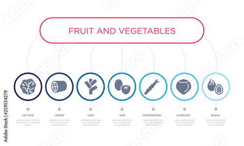 simple illustration set of 7 vector blue icons such as guava, hazelnut, horseradish, _icon4, leek, lemon, lettuce. infographic design with 7 icons pack