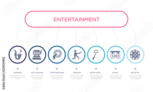 simple illustration set of 7 vector blue icons such as roulette, score, selfie stick, _icon4, shooting game, slot machine, soprano. infographic design with 7 icons pack