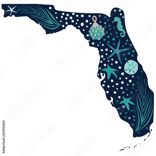 Beautiful Florida state illustration filled with sea grass, sea stars, sand dollar, seahorse and fish net float. Great for tourism, travel, editorial, ecology, beach and resort related activities. 