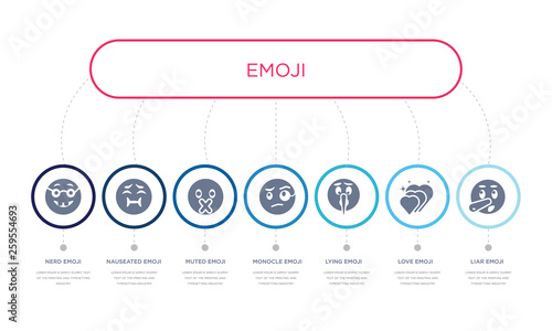 simple illustration set of 7 vector blue icons such as liar emoji, love emoji, lying emoji, _icon4, muted nauseated nerd infographic design with 7 icons pack