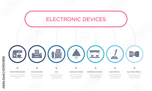 simple illustration set of 7 vector blue icons such as electric pencil sharpener, electronic, espresso maker, _icon4, fax, fax machine, food processor. infographic design with 7 icons pack