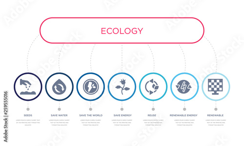 simple illustration set of 7 vector blue icons such as renewable, renewable energy, reuse, _icon4, save the world, save water, seeds. infographic design with 7 icons pack