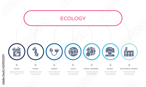 simple illustration set of 7 vector blue icons such as geothermal energy, geyser, global warming, _icon4, energy, power, house. infographic design with 7 icons pack