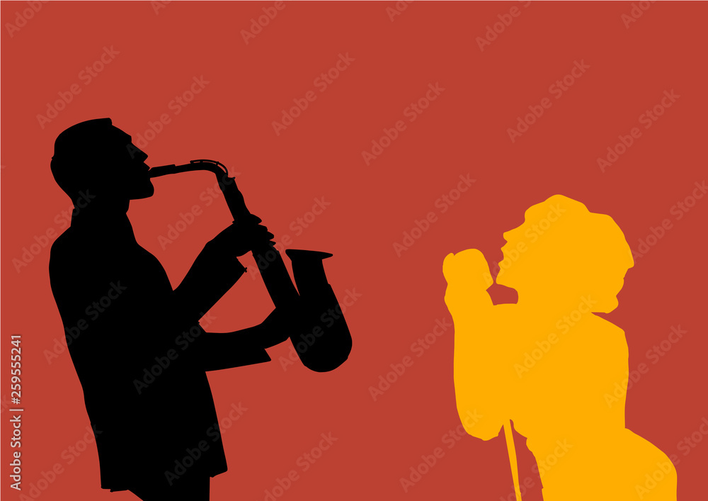 Black and yellow silhouette of saxophonist and songstress on brick color background. Jazz illustration with space for text. Saxophone player, female singer. Vector.