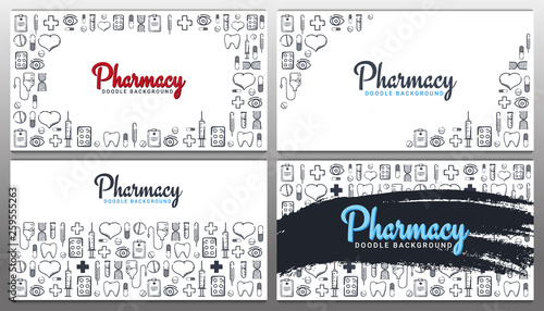 Set of Pharmacy and Medical banners with doodle background. Pills, Vitamin tablets, medical drug. Vector Illustration.