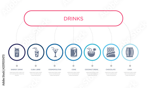 simple illustration set of 7 vector blue icons such as cask, chocolate, coconut drink, _icon4, cosmopolitan, cuba libre, energy drink. infographic design with 7 icons pack