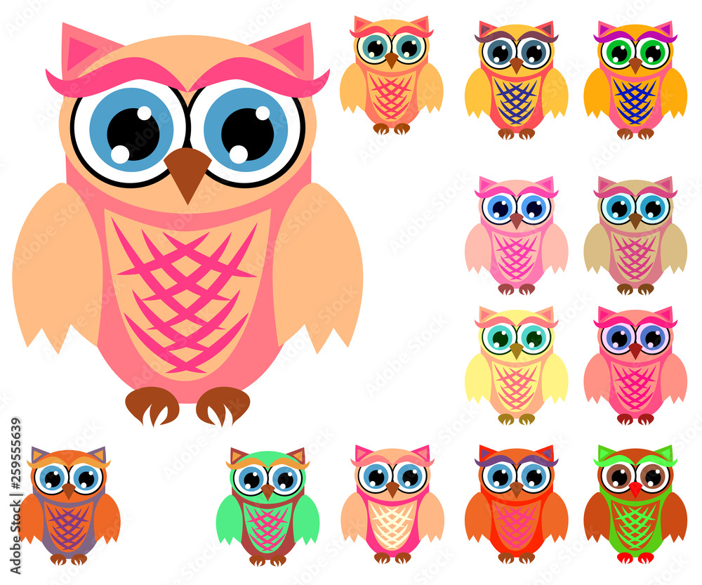 Large set of cute multicolored cartoon owls for children, different designs, trendy coral color