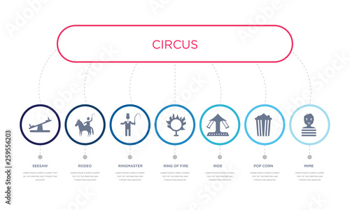 simple illustration set of 7 vector blue icons such as mime, pop corn, ride, _icon4, ringmaster, rodeo, seesaw. infographic design with 7 icons pack
