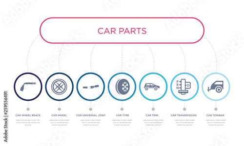 simple illustration set of 7 vector blue icons such as car towbar, car transmission, car trim, _icon4, universal joint, wheel, wheel brace. infographic design with 7 icons pack