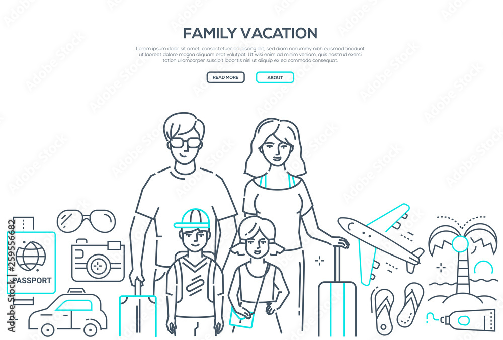 Family vacation - line design style vector web banner Family vacation - line design style vector web banner