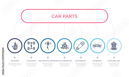 simple illustration set of 7 vector blue icons such as car bucket seat, car bumper, car camshaft, _icon4, catalytic converter, chassis, choke. infographic design with 7 icons pack
