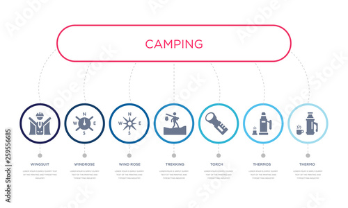 simple illustration set of 7 vector blue icons such as thermo, thermos, torch, _icon4, wind rose, windrose, wingsuit. infographic design with 7 icons pack