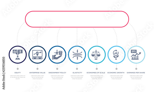 simple illustration set of 7 vector blue icons such as earnings per share (eps), economic growth, economies of scale, _icon4, endowment policy, enterprise value, equity. infographic design with 7
