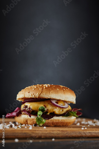 seasoning and delicious burger with meat, cheese and onions on dark background