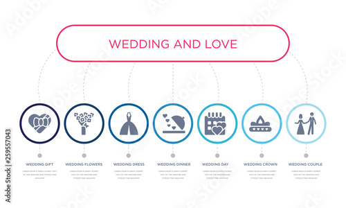simple illustration set of 7 vector blue icons such as wedding couple, wedding crown, wedding day, _icon4, dress, flowers, gift. infographic design with 7 icons pack
