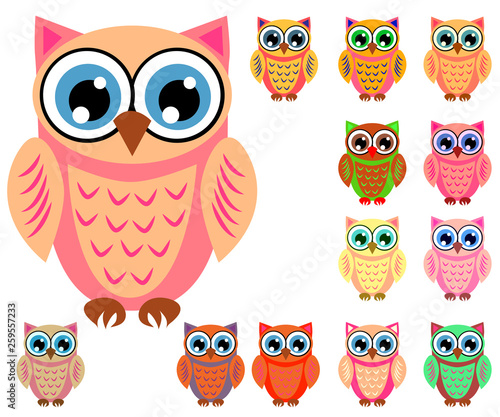Wallpaper Mural Large set of cute multicolored cartoon owls for children, different designs, trendy coral color Torontodigital.ca