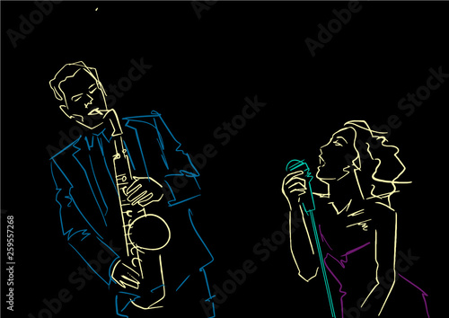 Saxophonist and vocalist. Silhouette of saxophone player and songstress. Jazz illustration. Colorful contour on black background. Vector sketch.