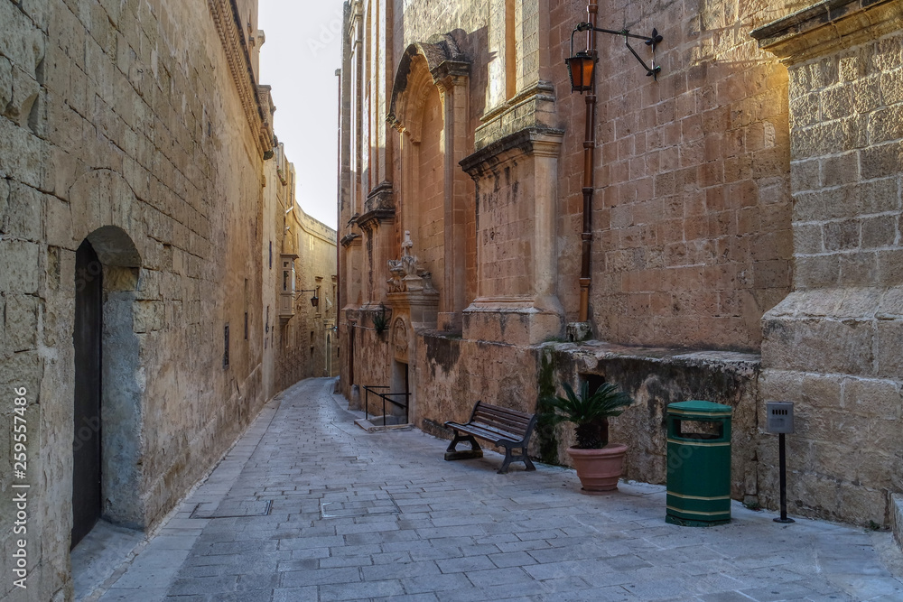 Beautiful view of ancient narrow medieval street in Mdina, Malta