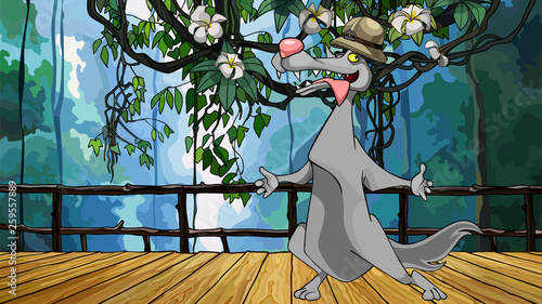 cartoon wolf in a hat walks along a wooden bridge in the jungle