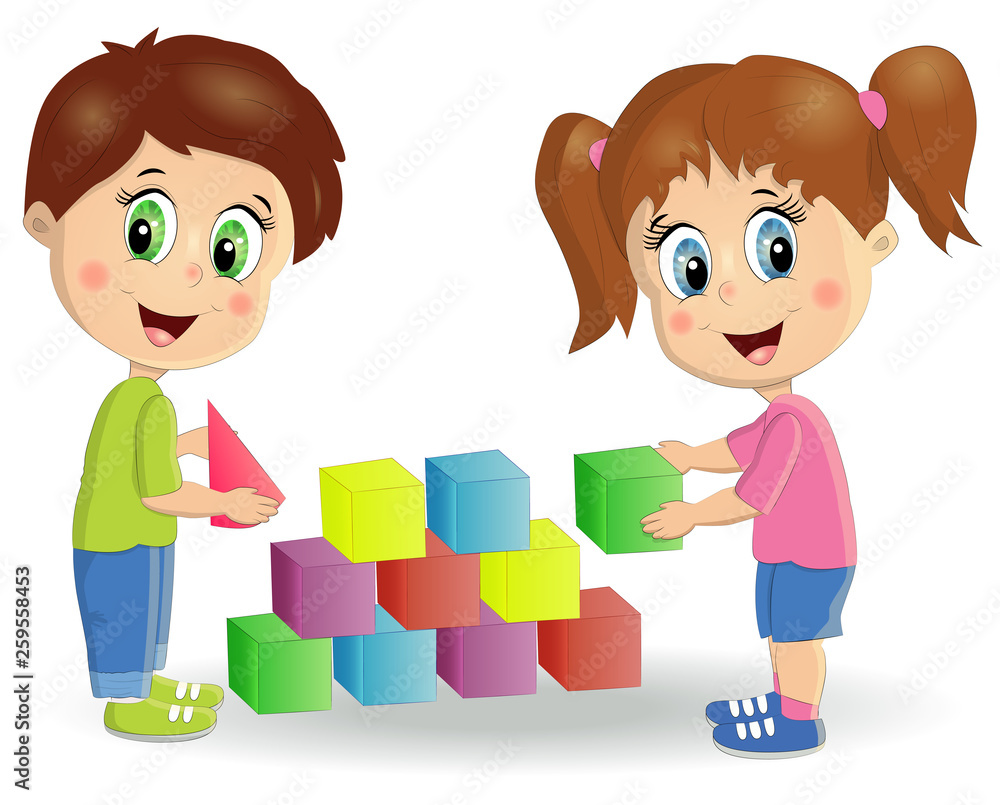 Multiracial children build tower with blocks. Kids play using kit with bright colored cubes. Multiracial children build tower with blocks. Kids play using kit with bright colored cubes.