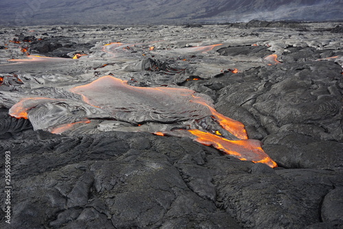 Lava field with new hot flowing lava in Big Island in Hawaii photo