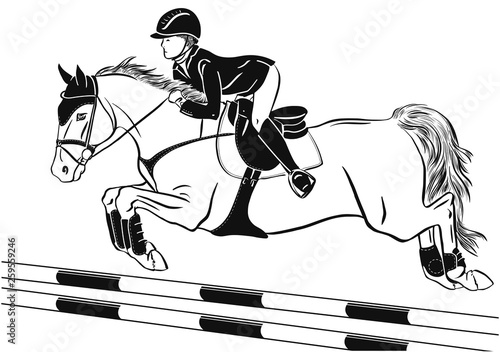 Girl and a horse are jumping over an obstacle, are in mid-air.
