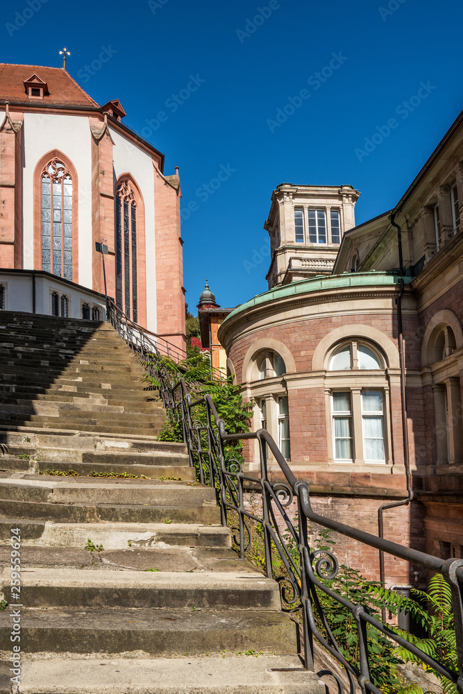Old stairs and church in Baden-Baden, Germany