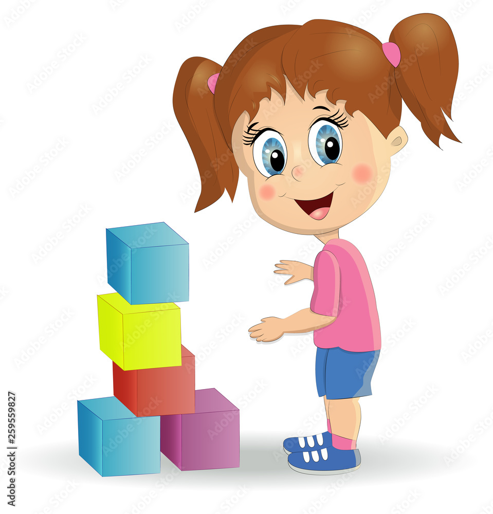 Multiracial children build tower with blocks. Kids play using kit with bright colored cubes.