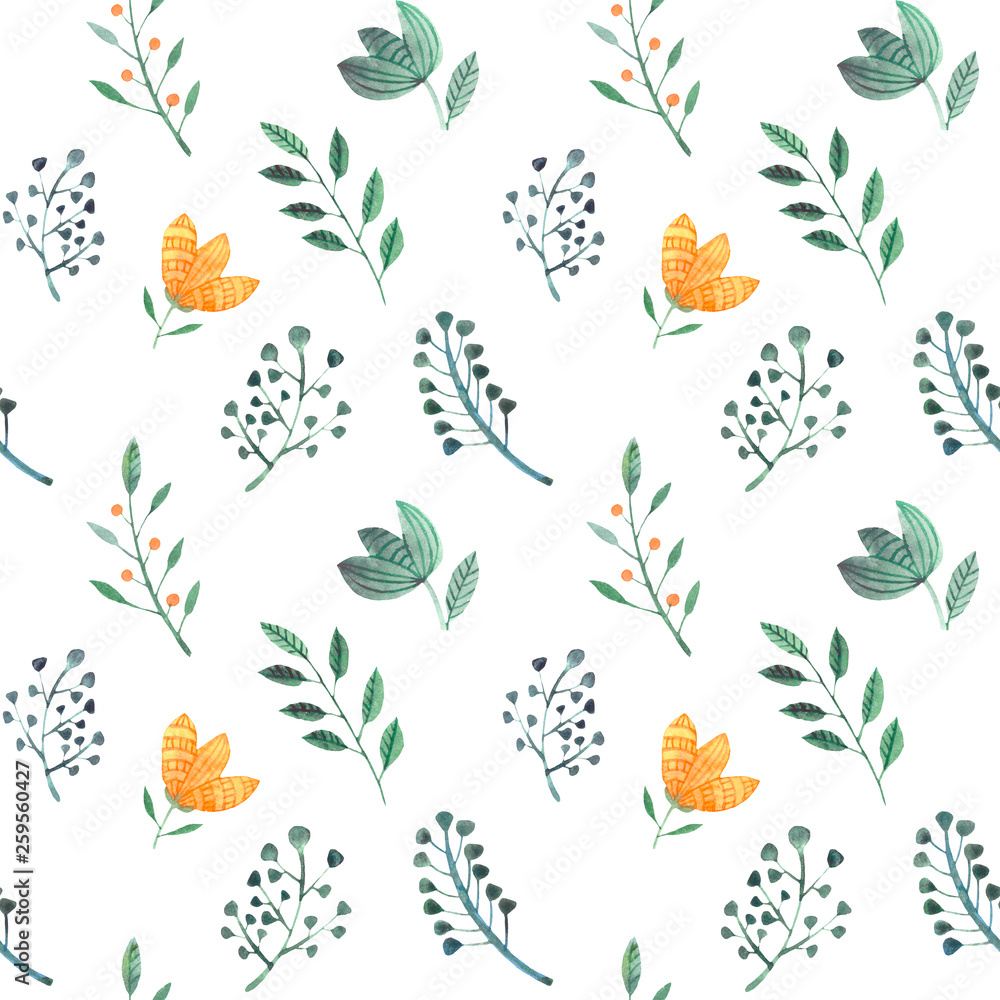 Seamless pattern with herbs and flowers. Yellow and green flowers and leaves isolated on white background. Floral pattern for wallpaper or fabric Seamless pattern with herbs and flowers. Yellow and green flowers and leaves isolated on white background. Floral pattern for wallpaper or fabric