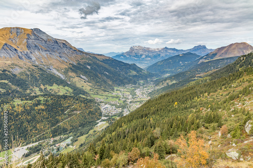 Looking down on the French Alpine village of Les Contamines-Montjoie from the Tre la Tete refuge